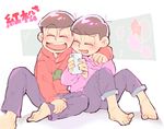  arm_around_shoulder brothers brown_hair cellphone closed_eyes highres hood hoodie laughing male_focus matsuno_osomatsu matsuno_todomatsu mosodon multiple_boys osomatsu-kun osomatsu-san pants pants_rolled_up phone siblings simple_background sitting smartphone white_background 