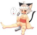  animal_ears barefoot beer_can black_sclera can cat_ears cat_tail drunk full_body japanese_clothes kimono original petite short_kimono short_yukata solo sweat tail tatari teranekosu translated white_background white_hair yellow_eyes yukata 