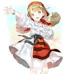  :d blonde_hair brown_hair commentary dress european_clothes highres lasa_(lasa1116) light_brown_eyes long_hair low_twintails open_mouth original outstretched_arms outstretched_hand puffy_short_sleeves puffy_sleeves romania romanian romanian_clothes short_sleeves smile solo spread_arms traditional_clothes twintails yellow_eyes 