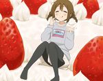  alternate_hairstyle braid brown_hair cassette_tape closed_eyes food fruit hirasawa_yui k-on! one_eye_closed oversized_object pantyhose shizupu short_hair solo strawberry twin_braids whipped_cream 