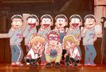  6+boys ;) aida_(osomatsu-san) apron barista black_hair brothers double_v employee_uniform extra facial_hair glasses hand_in_pocket heart heart_in_mouth high_ponytail hood hoodie matsuno_choromatsu matsuno_ichimatsu matsuno_juushimatsu matsuno_karamatsu matsuno_osomatsu matsuno_todomatsu multiple_boys multiple_girls ok_sign one_eye_closed osomatsu-kun osomatsu-san panda_(3d2y) ponytail pose sachiko_(osomatsu-san) sextuplets siblings smile uniform v 