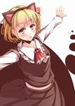  animal_ears blonde_hair cravat fake_animal_ears fang hair_ribbon highres kanzakietc long_sleeves looking_at_viewer midriff outstretched_arms red_eyes ribbon rumia short_hair simple_background skirt skirt_set solo spread_arms touhou two-tone_background 