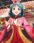  artist_request brown_eyes earrings green_eyes green_hair hair_ornament hina_ningyou holding idolmaster idolmaster_million_live! japanese_clothes jewelry kimono looking_at_viewer official_art open_mouth short_hair smile solo tokugawa_matsuri 