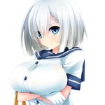  3: blue_eyes breast_hold breasts closed_mouth crossed_arms eyebrows eyebrows_visible_through_hair eyes_visible_through_hair gloves hair_ornament hair_over_one_eye hairclip hamakaze_(kantai_collection) highres kantai_collection large_breasts looking_at_viewer ribbon school_uniform serafuku short_hair short_sleeves silver_hair simple_background solo sweat upper_body v-shaped_eyebrows watarui wavy_mouth white_background white_gloves white_hair yellow_ribbon 