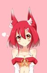  animal_ears bare_shoulders blush breasts cleavage fox_ears heart highres large_breasts navel original pink_background red_hair shachoo. short_hair simple_background smile solo upper_body 