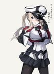  ;o black_gloves black_legwear blonde_hair blue_eyes blush breasts capelet celtic_knot gloves graf_zeppelin_(kantai_collection) hat hat_tip iron_cross iwasaki_takashi kantai_collection large_breasts military military_hat military_uniform miniskirt one_eye_closed pantyhose peaked_cap pleated_skirt simple_background skirt solo translated twintails uniform white_background 