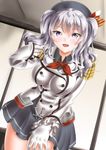  :d blue_eyes blush breasts epaulettes gloves kantai_collection kashima_(kantai_collection) kasugano_tobari large_breasts looking_at_viewer military military_uniform open_mouth silver_hair skirt smile solo twintails uniform wavy_hair 