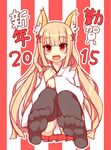  2015 animal_ears bad_id bad_pixiv_id black_legwear blush feet fox_ears happy_new_year japanese_clothes long_hair looking_at_viewer miko new_year open_mouth oshiro_project panties senko_(oshiro_project) shinopoko smile solo thighhighs torii_hair_ornament underwear very_long_hair white_panties 