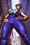  abs alternate_costume bad_artstation_id bad_id bodystocking bodysuit breasts brown_hair chun-li double_bun from_below hair_ribbon hands_on_hips large_breasts lips revision ribbon short_hair sleeveless solo street_fighter street_fighter_zero_(series) studded_bracelet system_bleed thick_thighs thighs vest 