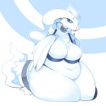  1:1 2020 4_fingers absurd_res anthro belly big_breasts blue_and_white blue_eyes blue_sclera bra breasts cheek_tuft chest_tuft cleavage clothed clothing collar dragon eyelashes facial_tuft female fingers fur hair hand_on_breast hi_res huge_breasts kiwihermit legendary_pok&eacute;mon long_hair looking_aside monochrome navel nintendo overweight overweight_female panties pok&eacute;mon pok&eacute;mon_(species) reshiram shoulder_tuft sitting solo thick_thighs tuft underwear underwear_only video_games white_body white_fur white_hair wide_hips wings 
