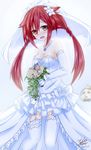  blush braid dress flower garter_straps hair_ornament hechima-bushi highres long_hair neptune_(series) red_hair shin_jigen_game_neptune_vii smile solo tennouboshi_uzume twintails wedding_dress 