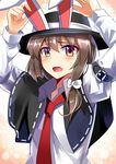 animal_ears arms_up black_capelet blush brown_eyes brown_hair bunny_ears capelet e.o. hat hat_ribbon highres necktie open_mouth ribbon shirt solo touhou upper_body usami_renko 