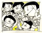  bad_id bad_twitter_id brothers child closed_eyes double_v karabako male_focus matching_outfit matsuno_choromatsu matsuno_ichimatsu matsuno_juushimatsu matsuno_karamatsu matsuno_osomatsu matsuno_todomatsu multiple_boys oldschool osomatsu-kun partially_colored sextuplet_(osomatsu-kun) sextuplets shorts siblings smile v wing_collar 