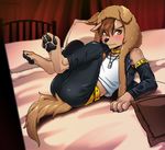  2015 anthro bed belt blush brown_fur canine clothed clothing cute dog fur hair legs_up looking_at_viewer lying male mammal mayobug on_back on_bed pawpads paws pillow shota solo tachibana_shiro young 