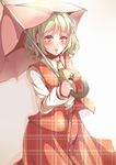  :o blush cravat gradient gradient_background green_hair highres kanzakietc kazami_yuuka light_particles long_sleeves looking_at_viewer plaid plaid_skirt plaid_vest red_eyes shadow short_hair skirt solo touhou umbrella unmoving_pattern vest 