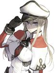  blonde_hair breasts capelet celtic_knot cross gloves graf_zeppelin_(kantai_collection) grey_eyes hair_between_eyes hat hat_tip kantai_collection large_breasts long_hair looking_at_viewer necktie peaked_cap pepe_(jonasan) sidelocks solo twintails white_capelet 