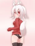  a-ktoo animal_ears blush fox_ears from_behind highres looking_back red_eyes ribbed_sweater short_hair solo sweater white_hair 