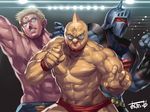  blonde_hair clenched_hand commentary_request glowing glowing_eyes helmet kinnikuman kinnikuman_(character) looking_at_viewer male_focus multiple_boys muscle obui red_eyes robin_mask signature star terryman wristband 
