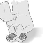  2015 4_toes anthro backsack backsash balls butt canine claws fluffy fur hair hindpaw male mammal monochrome pawpads paws simple_background solo toe_claws toes white_background white_fur wolf 
