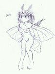  2010 antennae anthro areola arthropod breasts claws english_text female fur hair insect long_hair monochrome moth mouthless nipples nude silk silk_moth simple_background sketch solo text tigerlilylucky toe_claws traditional_media_(artwork) white_background wings 