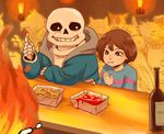  :t androgynous artist_name black_eyes bottle brown_hair dog doggo eating fire food french_fries frisk_(undertale) glasses greater_dog grillby grin jacket ketchup lesser_dog monster sans shirt short_hair skeleton smile striped striped_shirt tenperu_tapio undertale 