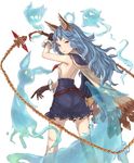  animal_ears backless_outfit blue_hair blue_skirt breasts bunny cape dog erune ferry_(granblue_fantasy) gloves granblue_fantasy jewelry long_hair looking_back peroncho sideboob single_earring skirt small_breasts solo wavy_hair weapon white_background 