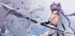  back blindfold bzerox elbow_gloves gloves highres holding holding_weapon liquid maid maid_headdress original polearm purple_hair shoulder_blades simple_background solo spear twintails weapon 