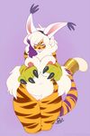  2015 anthro areola big_breasts breasts buxbi buxbi_(character) cosplay digimon feline female gatomon hair looking_at_viewer mammal nipple_piercing nipples piercing pussy simple_background smile solo stripes tiger white_hair 