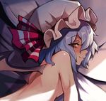 back bat_wings bed bed_sheet blue_hair blush bow breasts commentary eyes_visible_through_hair hat hat_bow leidami light lips looking_at_viewer lying mob_cap nude on_side red_eyes remilia_scarlet shiny shiny_skin short_hair small_breasts smile solo sunlight touhou upper_body wings 