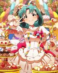 artist_request blush brown_eyes candy dress earrings food green_hair idolmaster idolmaster_million_live! jewelry looking_at_viewer official_art pose puffy_cheeks short_hair solo tears tiered_tray tokugawa_matsuri v 