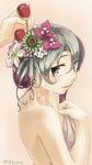  bad_id bad_pixiv_id bare_shoulders bougainvillea_(flower) collarbone commentary_request flower from_side grey_eyes hair_flower hair_ornament highres kantai_collection lily_(flower) lips looking_at_viewer looking_back naked_sheet nowaki_(kantai_collection) parted_lips silver_hair simple_background smile solo_focus sunflower sunflower_hair_ornament tulip twitter_username upper_body yellow_background yotsura 