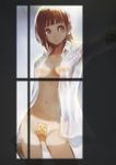  absurdres bandaid bandaid_on_pussy bandaids_on_nipples bikini_tan blush breasts brown_hair cleavage closed_mouth contrapposto cowboy_shot dress_shirt frown gloves grey_eyes highres legs_apart long_sleeves looking_to_the_side navel no_bra no_pants okuto open_clothes open_shirt original pasties see-through shirt short_hair sketch small_breasts solo standing tan tanline white_shirt wings 