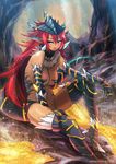  animal_ears blue_eyes breasts cave dark_skin dragon_girl horns ilothe large_breasts long_hair molten_rock monster_girl nude open_mouth original pointy_ears red_hair scales sitting solo sud_(sudea) tail talons watermark 