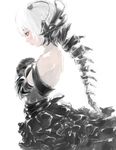  armor backless_dress backless_outfit bare_shoulders black_dress bone dress elbow_gloves from_side gloves hands_on_own_chest looking_down original pale_skin pixiv profile red_eyes short_hair simple_background skeleton solo spine strapless strapless_dress white_background white_hair yamashita_tomu 