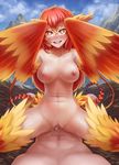  1girl blush borrowed_character breasts cowgirl_position drooling feathered_wings feathers girl_on_top happy_sex harpy heart heart-shaped_pupils hetero highres jiffic large_breasts long_hair looking_at_viewer monster_girl mountain navel nipples nude open_mouth orange_hair original penis pov pussy_juice red_hair rock sex smile solo_focus spread_legs stomach straddling symbol-shaped_pupils tail torogao uncensored vaginal wings 