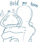  affection anon crying cuddling english_text fishboner_(artist) fishboner_(character) hug human mammal monster simple_background sketch tears text white_background 