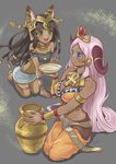  animal_ears ankh anklet arm_support armlet bandeau barefoot bastet_(p&amp;d) black_hair blue_eyes blush bracer breasts cat_ears cleavage dark_skin egyptian fang flat_chest green_eyes hair_ornament hathor_(p&amp;d) headdress highres jar jewelry kneeling large_breasts leaning_forward long_hair midriff milk multiple_girls navel necklace open_mouth paw_print pink_hair puzzle_&amp;_dragons saucer shadow signature skirt smile very_long_hair yummiclaire 