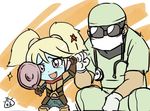  armor blue_skin commentary_request fist_bump glasses gloves league_of_legends leng_wa_guo long_hair mask pointy_ears poppy shen surgeon surgeon_shen surgical_mask twintails white_hair yordle 