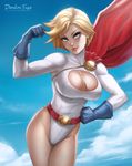  armpits artist_name bangs belt belt_buckle blonde_hair blue_eyes blue_gloves blue_sky breasts buckle cape cleavage cleavage_cutout clenched_hands cloud cowboy_shot dandon_fuga day dc_comics flexing flipped_hair gloves groin hand_up head_tilt highleg highleg_leotard large_breasts leaning leotard light_smile lips looking_at_viewer loose_belt outdoors pose power_girl short_hair sky smile solo striped superhero swept_bangs taut_clothes thigh_gap thighs toned turtleneck vertical_stripes watermark web_address wind 