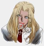  bad_id bad_pixiv_id blonde_hair blue_eyes cross dark_skin eyebrows eyewear_removed glasses gloves hellsing holding holding_eyewear integra_hellsing kikai_ningen licking round_eyewear solo white_gloves 