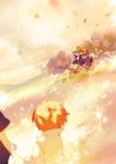  ahoge back bad_id bad_pixiv_id cloud cloudy_sky field fire_emblem fire_emblem:_fuuin_no_tsurugi gloves grass green_hair headband leaning_on_person male_focus motion_blur multiple_boys noki_(affabile) orange_(color) out_of_frame outdoors red_hair roy_(fire_emblem) sitting sky sleeping tree wolt younger 
