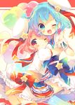  1girl ;3 ;d bad_id bad_pixiv_id balloon bangs beamed_eighth_notes belt blue_bow blue_eyes blue_hair blush bow braid brother_and_sister curly_hair dorothy_west frilled_skirt frills hat hat_ribbon heart heart_balloon hug layered_skirt leona_west looking_at_viewer musical_note nekoto_rina one_eye_closed open_mouth otoko_no_ko outline pink_eyes pink_hair pretty_(series) pripara puffy_short_sleeves puffy_sleeves red_bow red_ribbon ribbon sailor_collar short_hair short_sleeves siblings skirt smile star thighhighs twins wrist_cuffs 