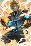  akumey angry belt black_sclera blonde_hair charging commentary_request cyborg damaged denim earrings energy genos highres injury jeans jewelry male_focus mechanical_parts one-punch_man pants parts_exposed shirt solo torn_clothes torn_jeans torn_pants torn_shirt yellow_eyes 