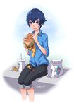  absurdres bag blue_eyes blue_hair cheese dress_shirt drink food food_on_clothes french_fries hamburger highres its_just_suppi necktie open_mouth persona persona_4 shirogane_naoto shirt short_hair shorts solo tomato truth 
