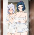  2girls aila_jyrkiainen black_eyes blue_eyes blue_hair blush breasts cleavage cowboy_shot crossed_arms furrowed_eyebrows gundam gundam_build_fighters hair_up iori_rinko large_breasts long_hair looking_at_viewer multiple_girls naked_towel shoumaru_(gadget_box) silver_hair smile thigh_gap tied_hair towel wide_hips 