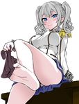  asanagi ass barefoot blush breasts colorized feet foreshortening kantai_collection kashima_(kantai_collection) large_breasts miniskirt no_hat no_headwear partially_colored removing_sock simple_background sitting skirt smile sock_dangle sock_pull soles solo thighhighs toes tsurime twintails undressing white_background 