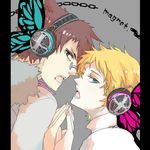  androgynous artist_request blonde_hair blue_eyes brown_hair giriko headphones justin_law magnet_(vocaloid) male_focus multiple_boys open_mouth profile short_hair soul_eater vocaloid yaoi 