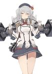  blush breasts cannon gloves grey_eyes hat hayashi_kewi kantai_collection kashima_(kantai_collection) large_breasts long_hair long_sleeves looking_at_viewer military military_uniform pleated_skirt riding_crop shirt silver_hair skirt smile solo twintails uniform upskirt white_gloves 