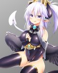  bangs between_legs black_bow black_legwear black_neckwear black_wings blush bow bowtie breasts cleavage covered_navel covered_nipples demon_girl demon_horns demon_tail earrings eteru_(mofuaki) feathered_wings frills gem grey_background hair_between_eyes hair_ornament hand_between_legs horns impossible_clothes jewelry large_breasts leotard long_hair looking_at_viewer low_wings mofuaki original pointy_ears purple_eyes purple_hair scratches see-through simple_background sitting sleeveless smile solo tail thighhighs wariza wings 