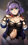  aqua_centolm aqua_eyes belt breasts chestnut_mouth choker cleavage collarbone cowboy_shot gradient gradient_background hairband highres jacket long_sleeves looking_at_viewer medium_breasts nakamura_kanko navel navel_cutout open_clothes open_fly open_jacket parted_lips purple_hair short_hair shorts simple_background sleeves_rolled_up solo standing stomach super_robot_wars_mx unzipped wrist_cuffs 